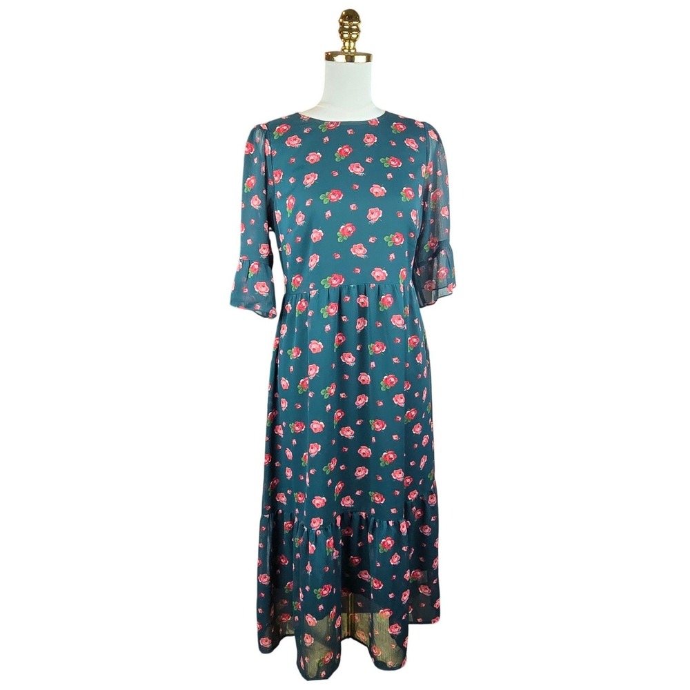 LOFT Midi Dress Women 4 Green Floral Rose Cottagecore Romantic